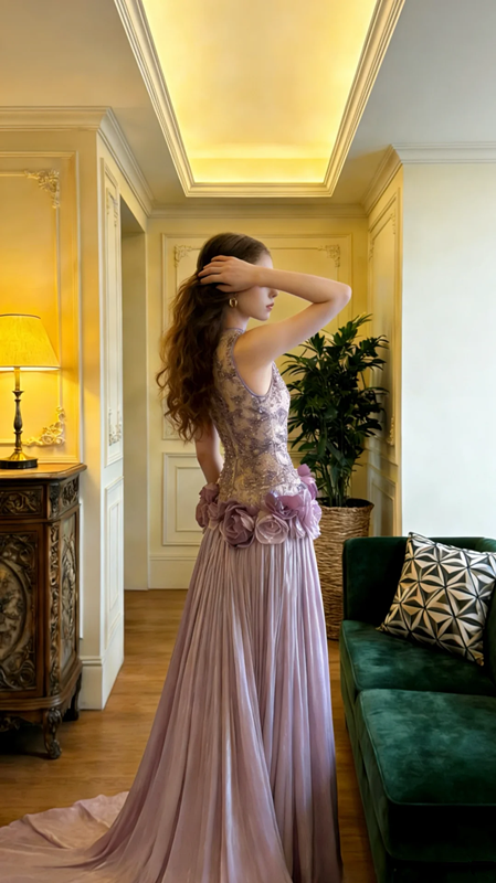Light purple sleeveless fitted long elegant ball gown, bridal dress R8579