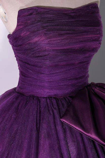 Purple Strapless A-Line Tulle Ball Gown Bowknot Formal Prom Dress MD7217