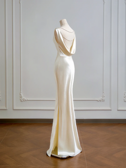 Champagne-colored satin fitted backless bodycon long ball gown R8161