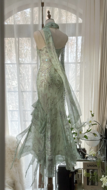 Light green halter neckline, fitted waist, elegant long ball gown R7602