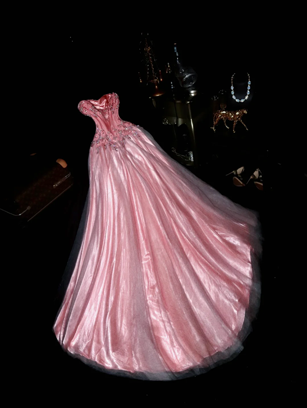 Pink strapless rhinestone high-waisted elegant fairy long ball gown R6926