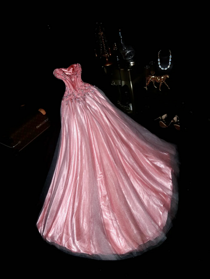 Pink strapless rhinestone high-waisted elegant fairy long ball gown R6926