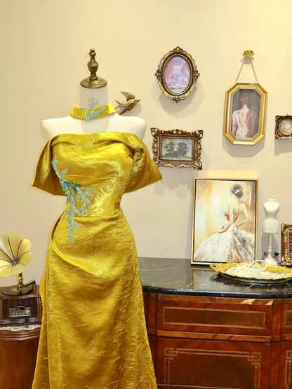 Gold off-the-shoulder strapless fitted long ball gown R7159