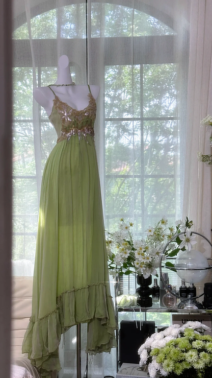 Gray-green halter-neck high-waisted long elegant ball gown R7641