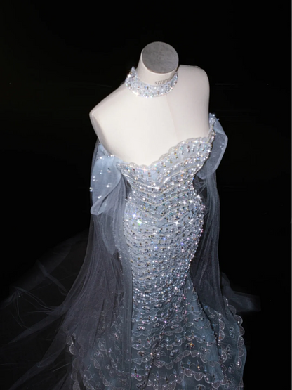 Light blue sequined one-shoulder waist-hugging hip-wrapped fishtail sexy long skirt, prom dress R5616