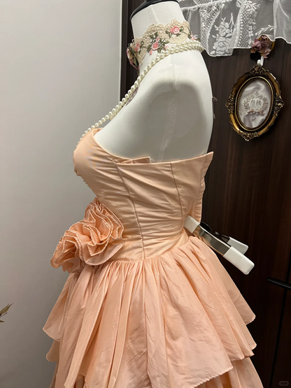 Pink tube top waist slim cake skirt homecoming dress R4305