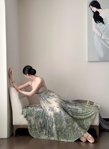 Light green halter-neck fitted floral maxi skirt ball gown R8051