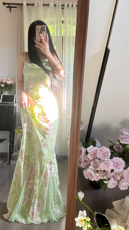 Light green, fresh and elegant halter-neck, fitted, bodycon long ball gown R7753