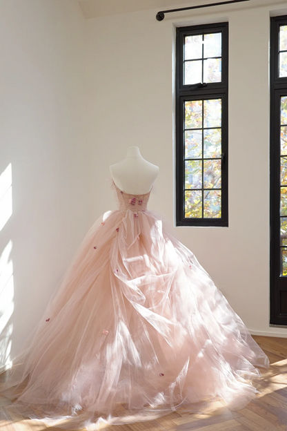 Light pink strapless, fitted waist, full skirt, long ball gown, bridal dress R8518