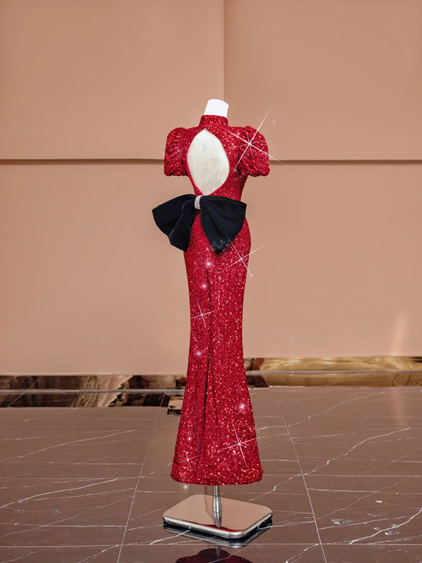Red puff-sleeved, fitted waist, bodycon, sexy long ball gown/bridal dress R8392