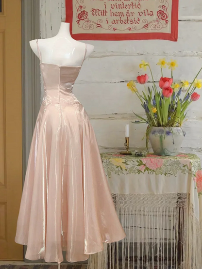 Light pink satin suspender waist slim fit A-line maxi ball gown R6066