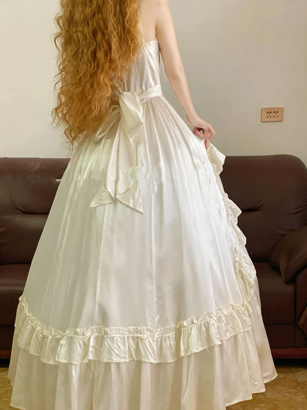 White Spaghetti-Strap Waist-Cinched Puffy-Hem Ball Gown, Bridal Gown R7320
