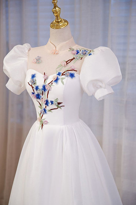 High Neckline A-line Short Sleeves Party Dress, Long Formal Dress       fg5576