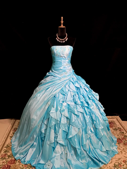 Light blue strapless, fitted waist, full skirt, long princess ball gown R8670