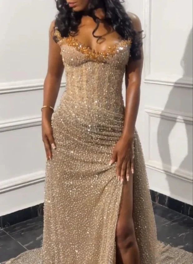 Shiny Long Prom Dress With Split,Charming Evening Gown          S6173