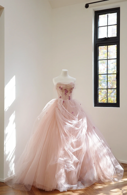 Light pink strapless, fitted waist, full skirt, long ball gown, bridal dress R8518