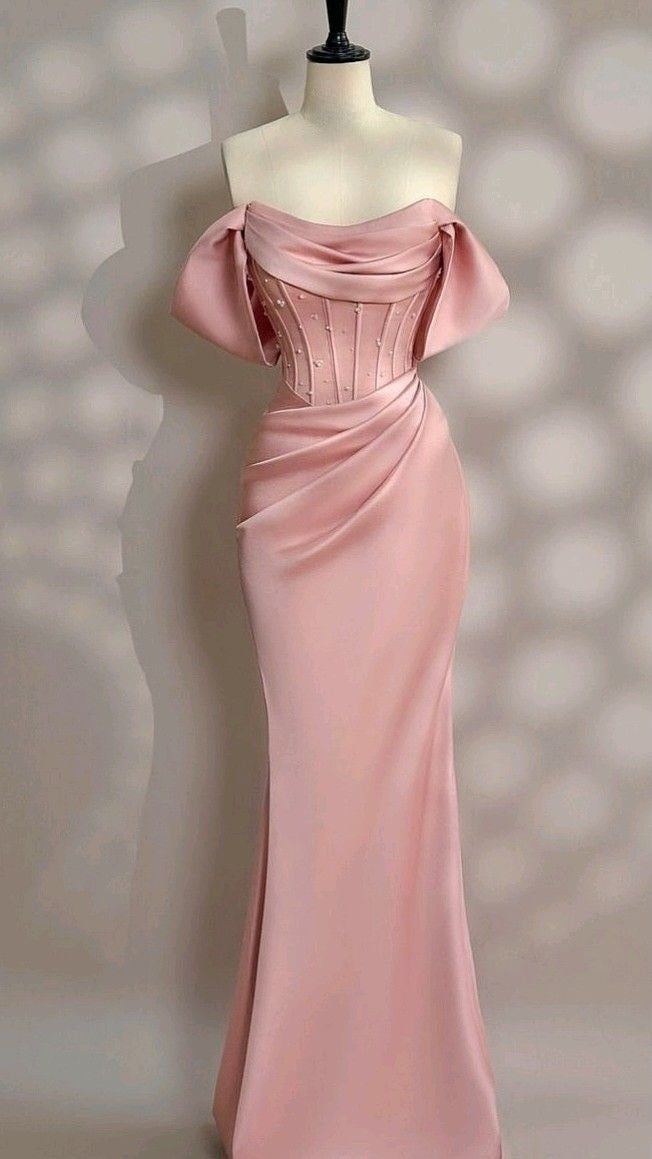 Long Pink Satin Prom Dress Off Shoulder Prom Dress Evening Party Gowns