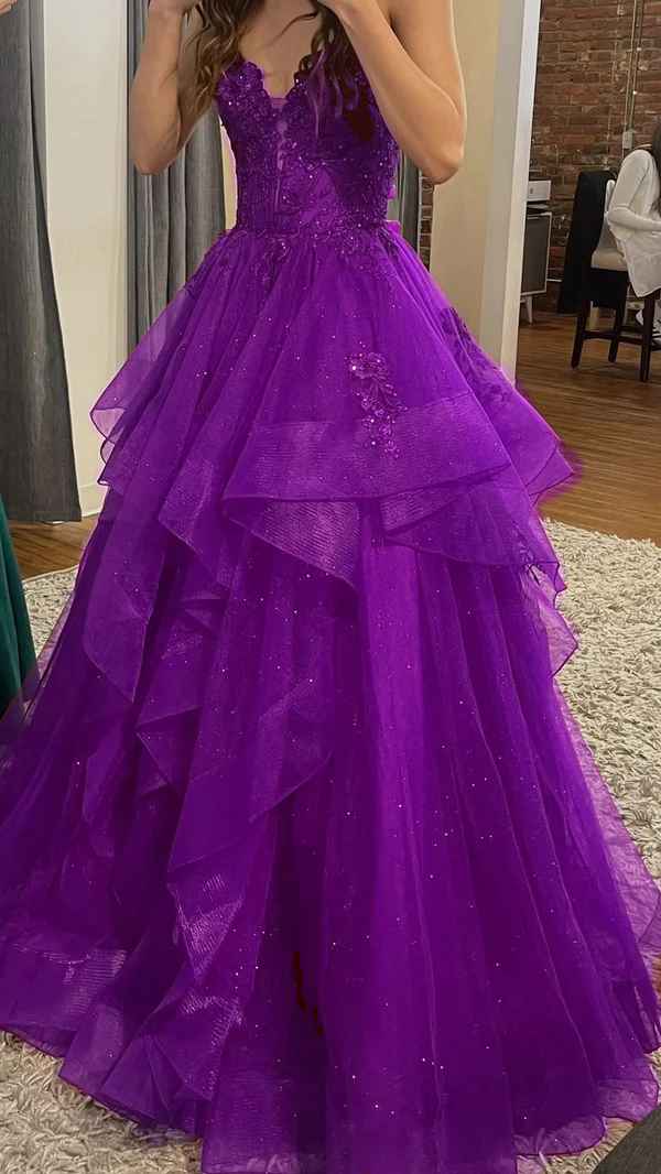 Burgundy Shinny Tulle A-Line Long Prom Dress Evening Party Dresses  fg7644