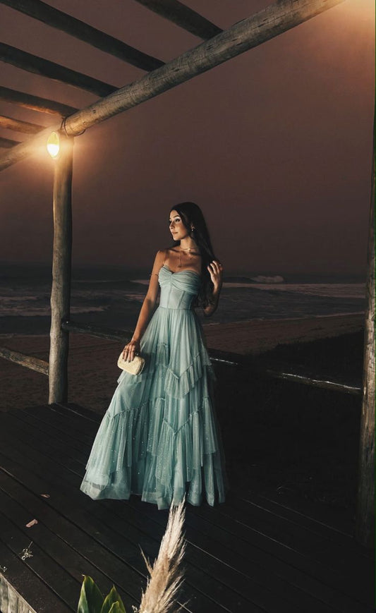A Line Shinny Tulle Spaghetti Straps Sleeveless Long Evening Prom Dress   fg7586