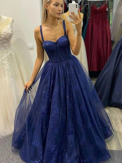 Blue Tulle Appliques Long Prom Dresses, A-Line Strapless Evening Dresses   S2224