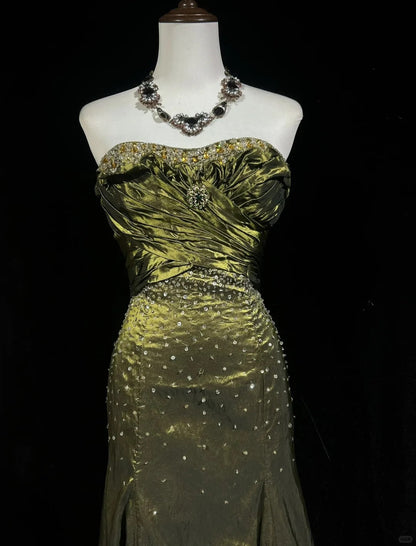 Vintage Green Strapless Long Prom Party Dress Long Evening Dress   fg8083