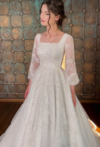 A Line White Square Neck Long Princess Wedding Dress    fg8167