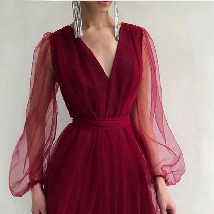 Graduation dress Short A Line Prom Dresses V Neck Long Puff Sleeve Tulle Formal Wedding Evening Party Dresses For Graduation    fg2856