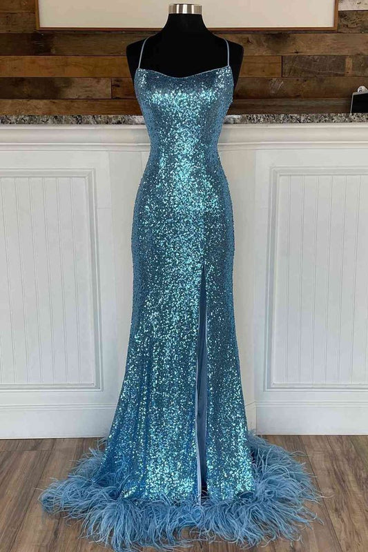 Long Sequined Straps Prom Dress with Feather Hem      fg5828