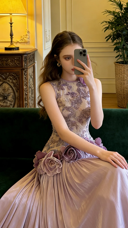 Light purple sleeveless fitted long elegant ball gown, bridal dress R8579