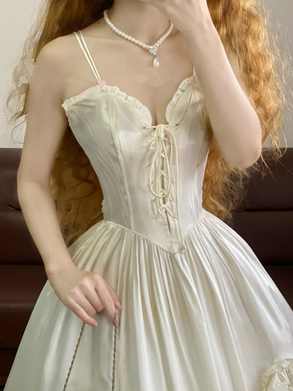 White Spaghetti-Strap Waist-Cinched Puffy-Hem Ball Gown, Bridal Gown R7320