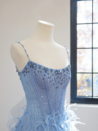 Blue halter-neck fitted waist long ball gown with feather skirt R8452