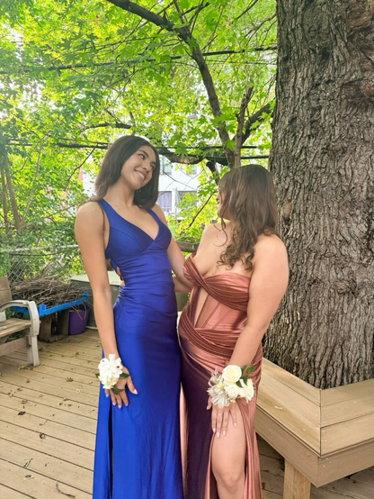 Royal Blue V Neck Mermaid Satin Long Prom Dress Party Gown MD7524