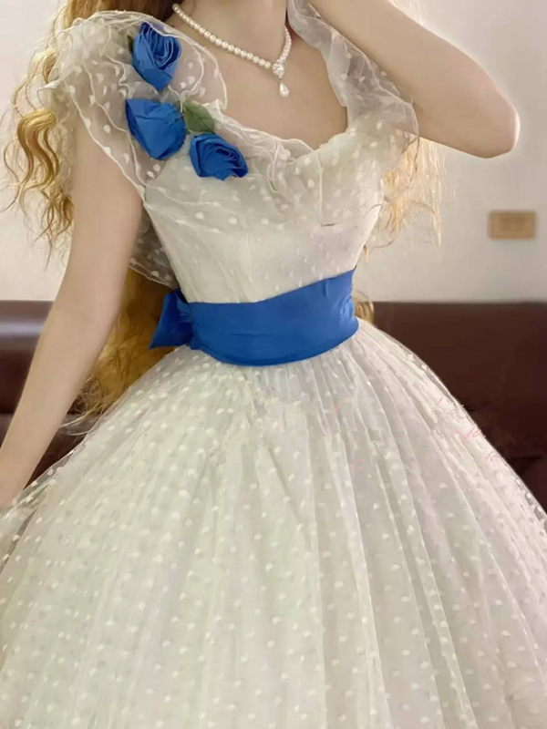 White Polka-Dot Ruffled Neckline Waist-Cinched Puffball Skirt Ball Gown, Bridal Gown R7338