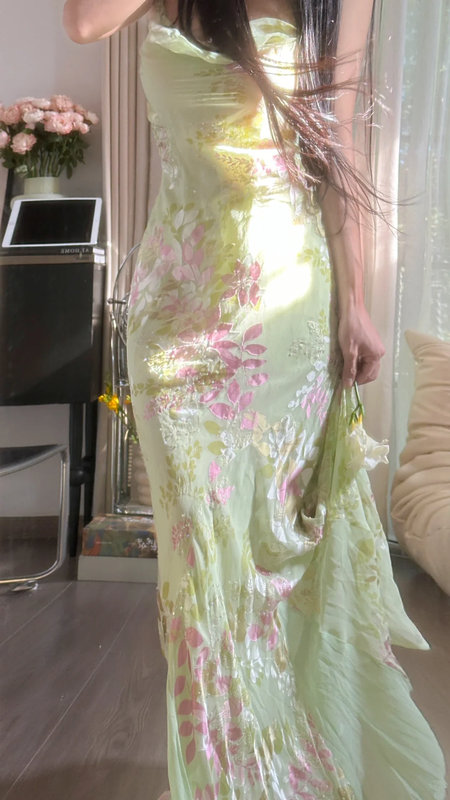 Light green, fresh and elegant halter-neck, fitted, bodycon long ball gown R7753