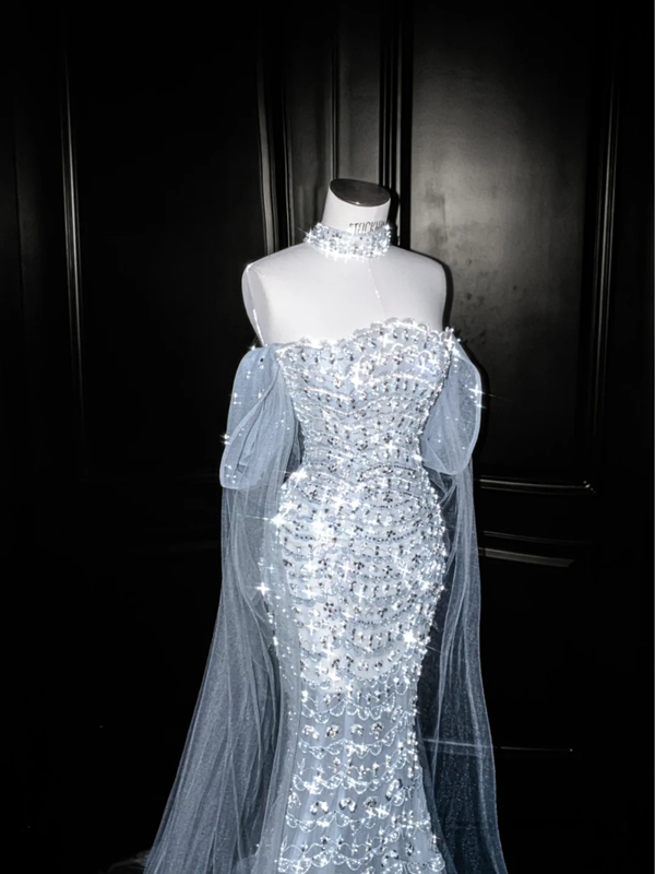 Light blue sequined one-shoulder waist-hugging hip-wrapped fishtail sexy long skirt, prom dress R5616