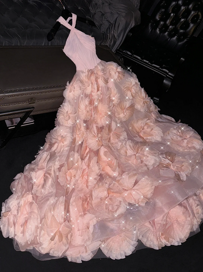 Light pink halter-neck fitted waist full-length ball gown, bridal dress R8793