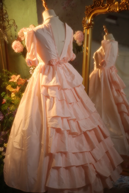 Pink square neckline fitted waist ball gown/bridal dress R7259