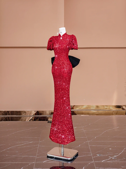 Red puff-sleeved, fitted waist, bodycon, sexy long ball gown/bridal dress R8392