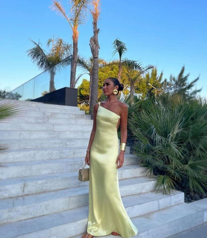Yellow One Shoulder Prom Dresses Evening Dress Floor Length Party Gowns