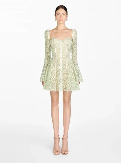 Light green floral long sleeve slim waist A-line long skirt homecoming dress R4792