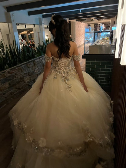 Champagne Quince Dress with Flowers Sweet 16 Dresses Off the Shoulder Ball Gown