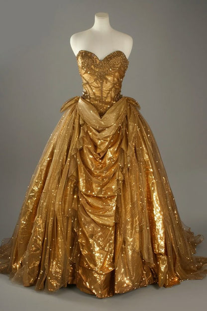 Gold Sweetheart A-Line Stunning Vintage Evening Ball Gown       S7251