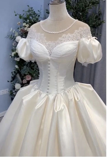Luxury Wedding Dresses Short Sleeves Satin Lace A line Bridal Gowns
