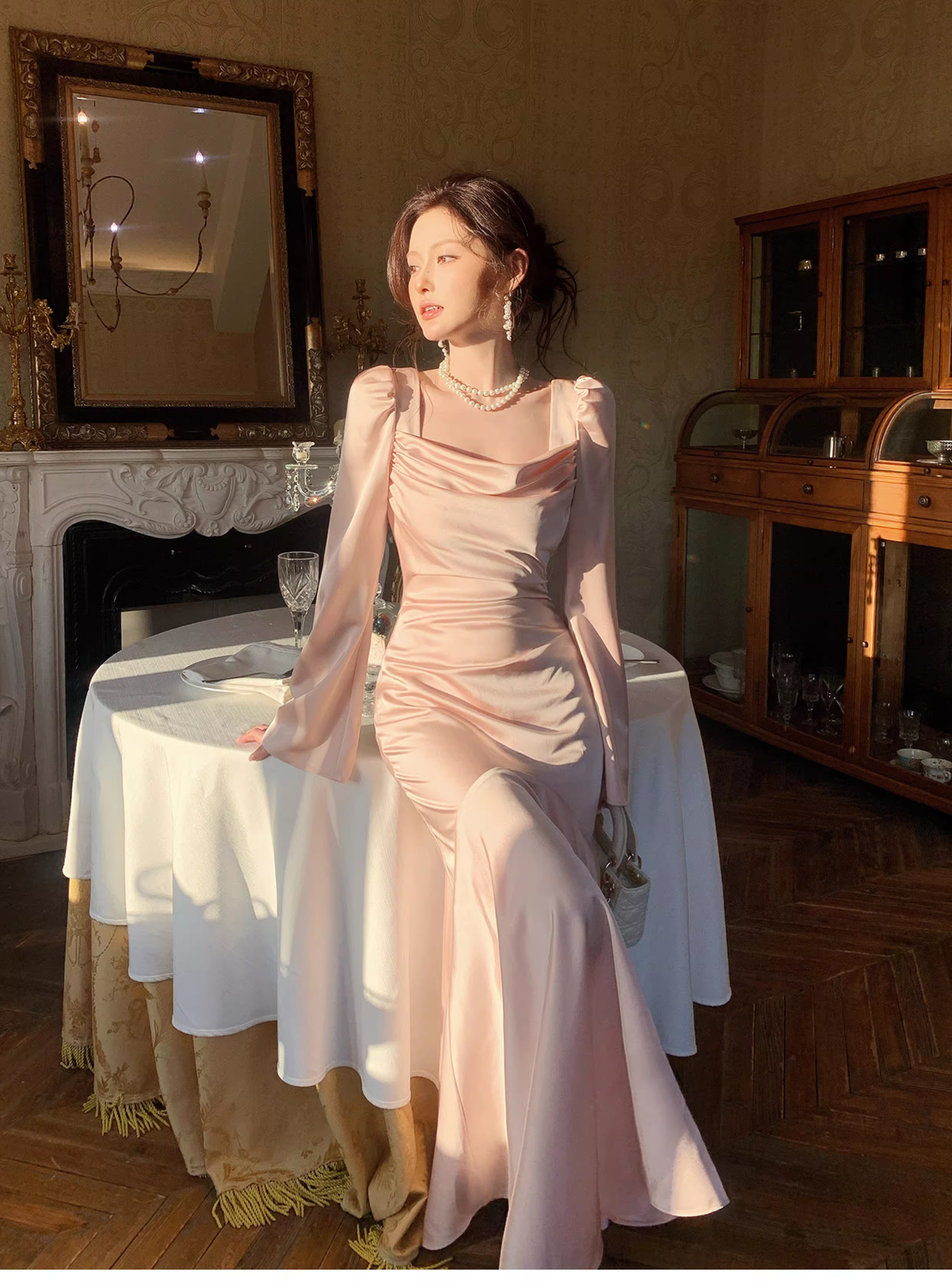 Sweet Pink Satin Mermaid Long Wedding Guest Dress Formal Evening Dress Prom Gown SP1649