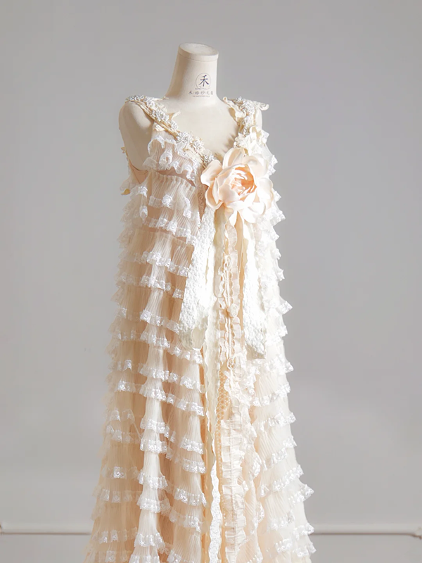 Light apricot halter-neck cake skirt long ball gown R8140