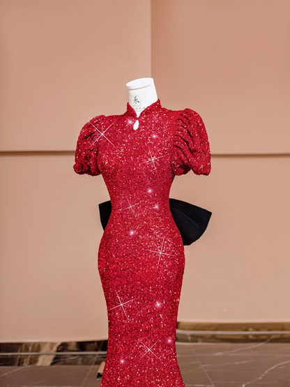 Red puff-sleeved, fitted waist, bodycon, sexy long ball gown/bridal dress R8392