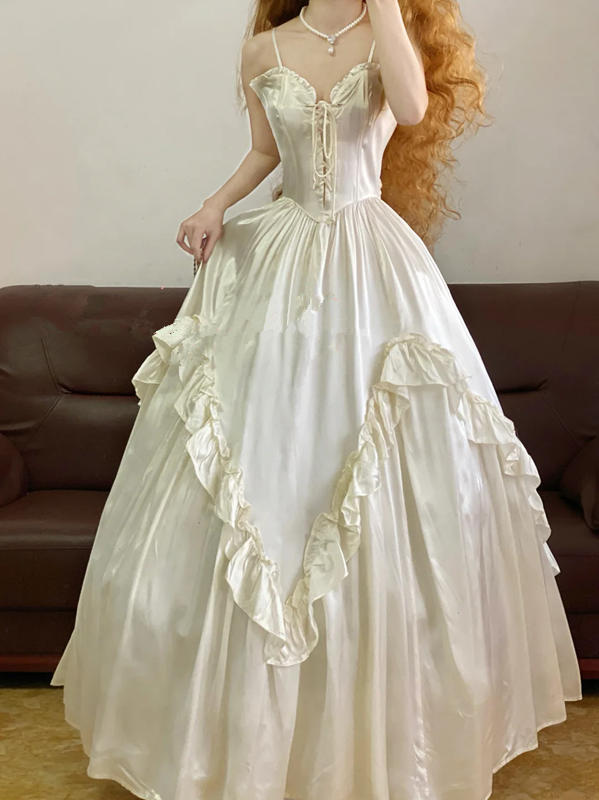 White Spaghetti-Strap Waist-Cinched Puffy-Hem Ball Gown, Bridal Gown R7320