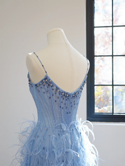 Blue halter-neck fitted waist long ball gown with feather skirt R8452