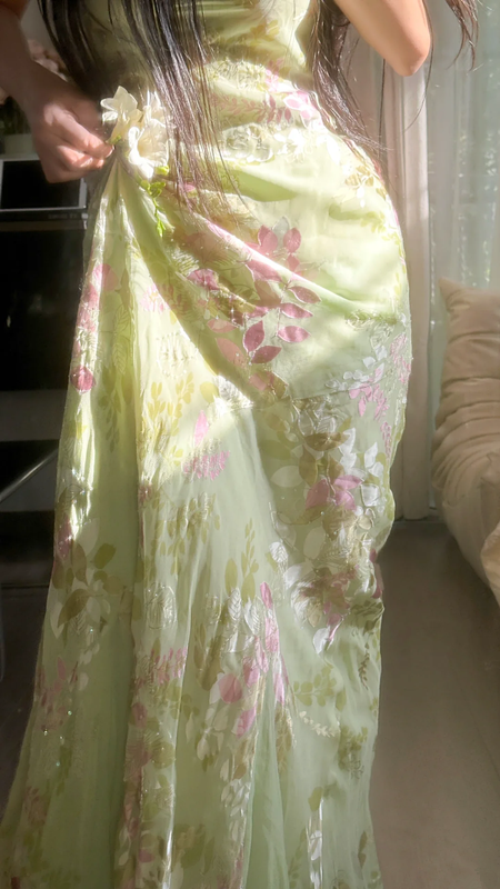 Light green, fresh and elegant halter-neck, fitted, bodycon long ball gown R7753