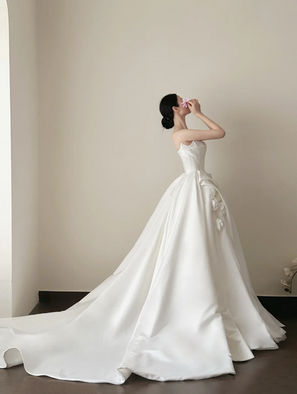 White strapless, waist-cinched, full-skirted floor-length prom gown R7953